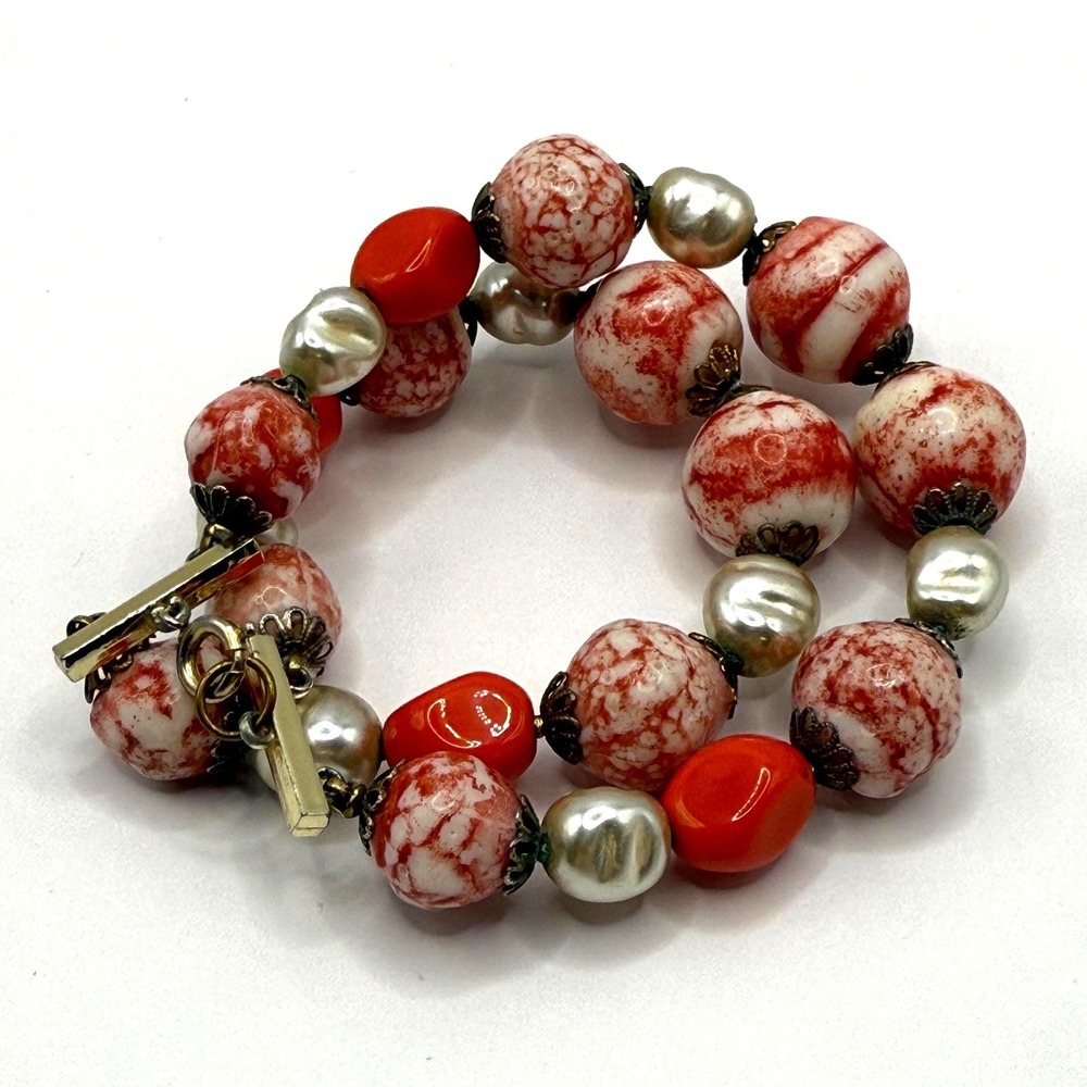 Vintage Red Mottled Bead and‎ Faux Pearl Necklace – Bold Statement Jewelry